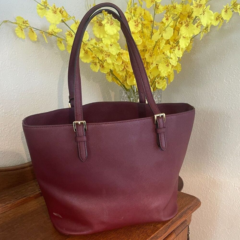 MICHAEL KORS JET SET Travel LARGE SHOULDER TOTE BAG Merlot Burgundy GOLD - Picture 4 of 15
